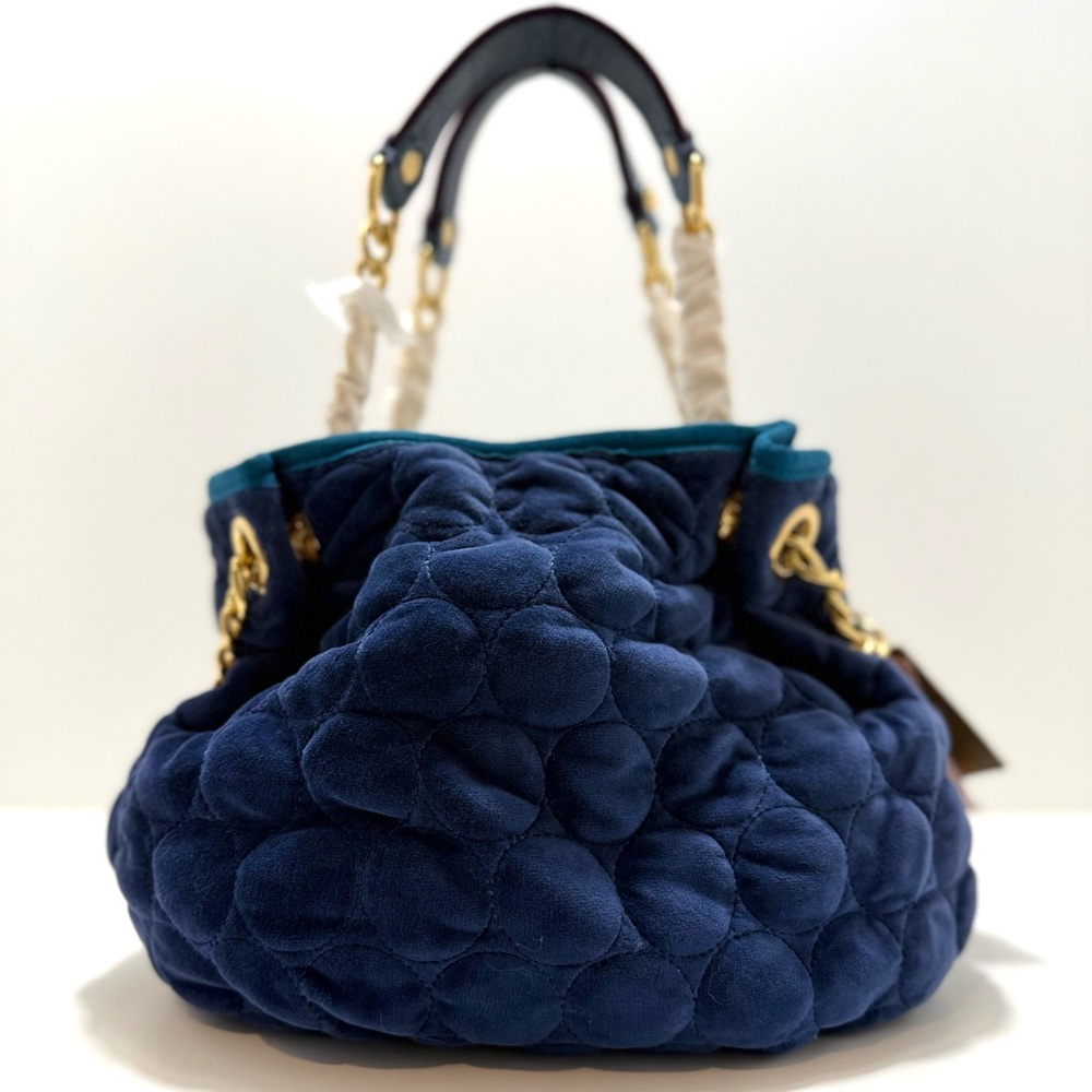 Juicy Couture Y2K Navy Velour Bubble Quilted Satchel Gold Chain NWT - Picture 12 of 12
